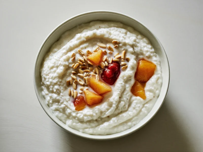 Weiches Frühstück aus Quark, Haferflocken und gedünstetem Obst auf hellem Holztisch