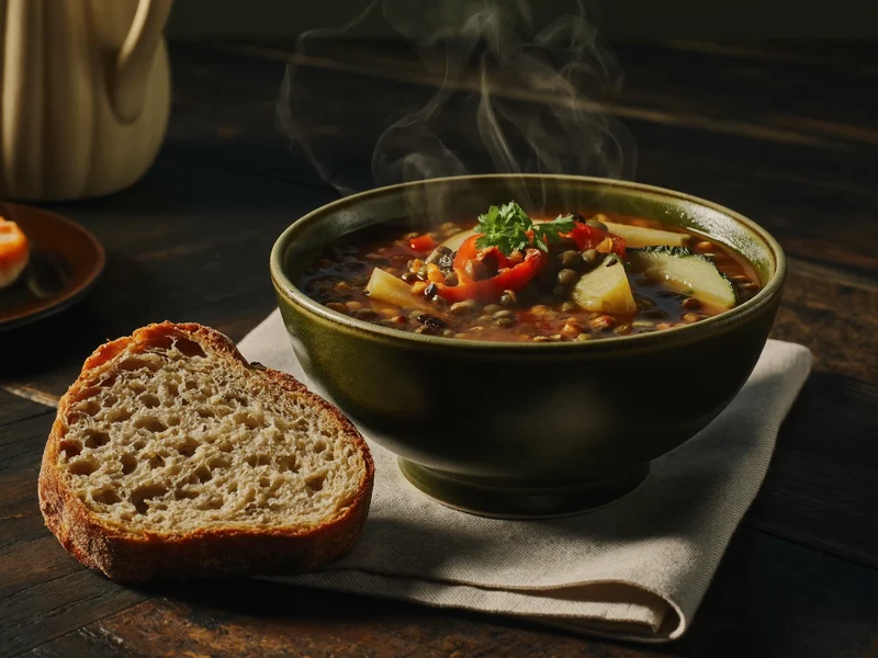 Dampfende Linsen-Gemüse-Suppe mit einer Scheibe weichem Vollkornbrot auf Leinenserviette