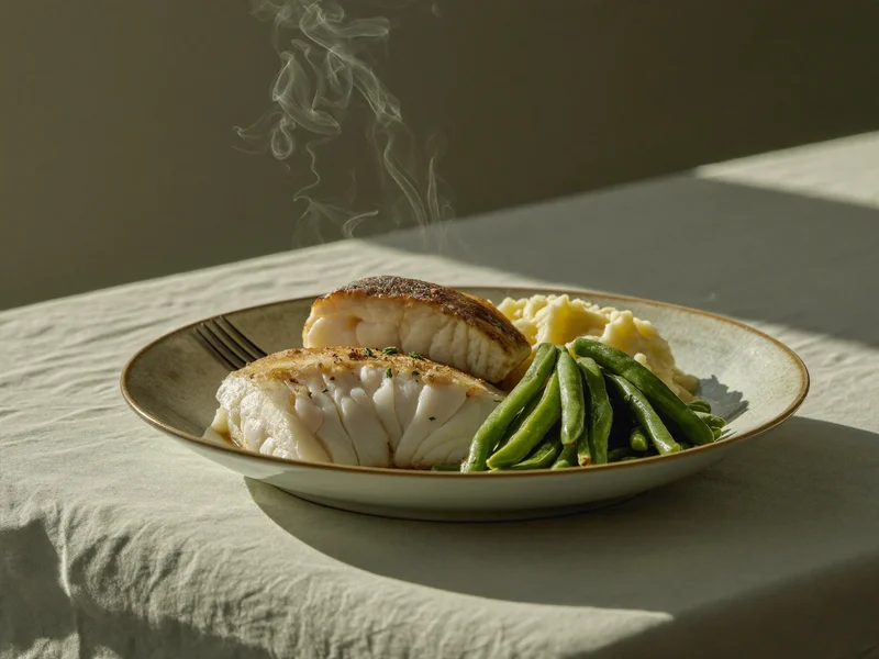 Kleine Portion gedünsteter Fisch mit Kartoffelpüree und zarten grünen Bohnen