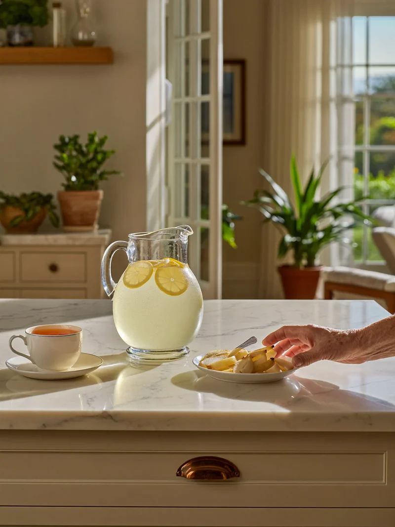 Zitronenwasser, Kräutertee und weiche Birnenscheiben auf einer Küchenarbeitsplatte am Fenster
