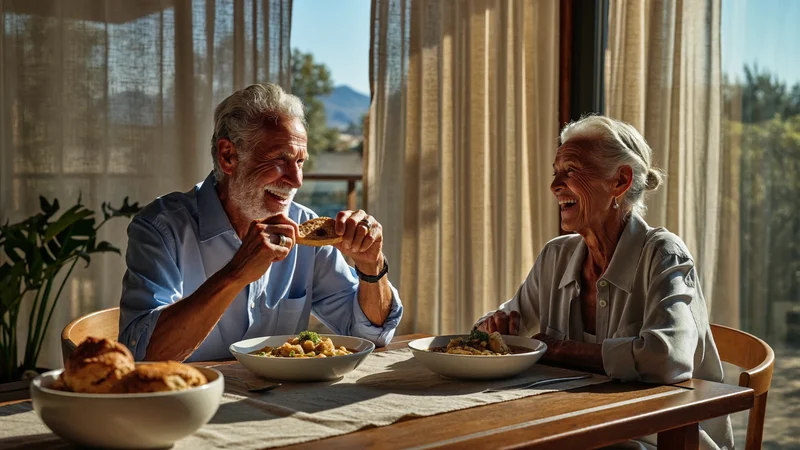 Zwei ältere Freunde teilen ein entspanntes Mittagessen mit Suppe und Brot am sonnigen Tisch
